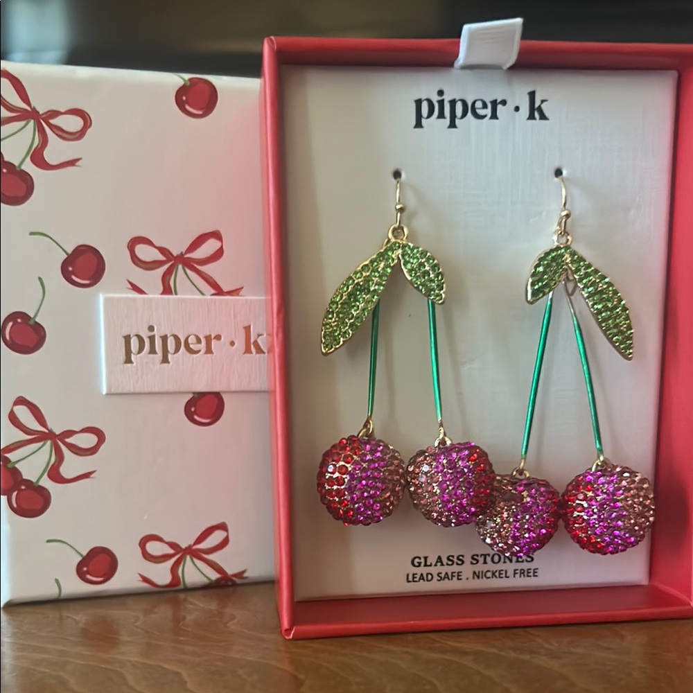 🍒Piper K Cherry Drop Earrings – Pink Crystal Glass Stones, NWT Gift Boxed